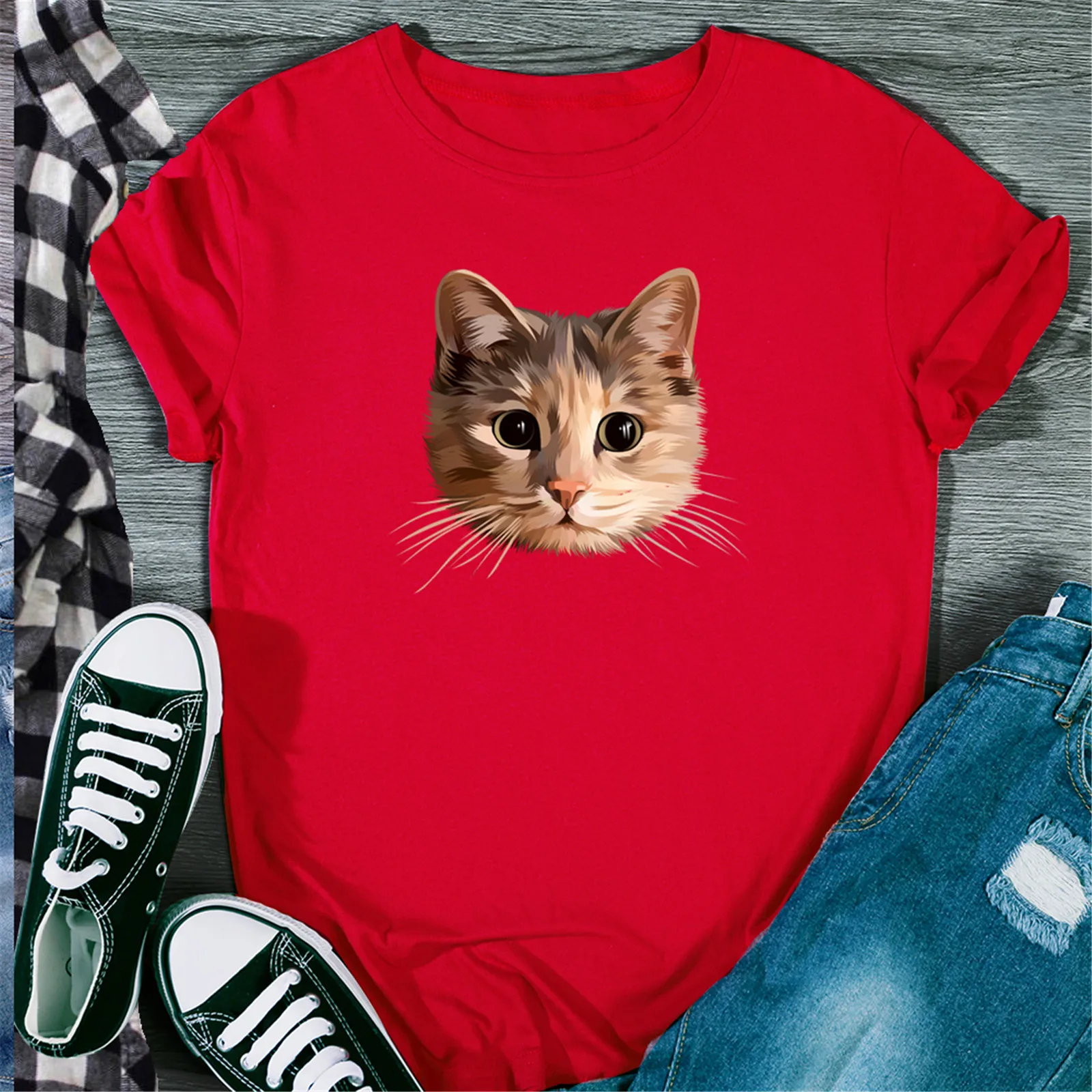 Summer Plus Size T Shirt Women Casual O-Neck Cute Animal Cat Print Short Sleeve Top Tee Harajuku Korean Tops Female T-shirt | Женская