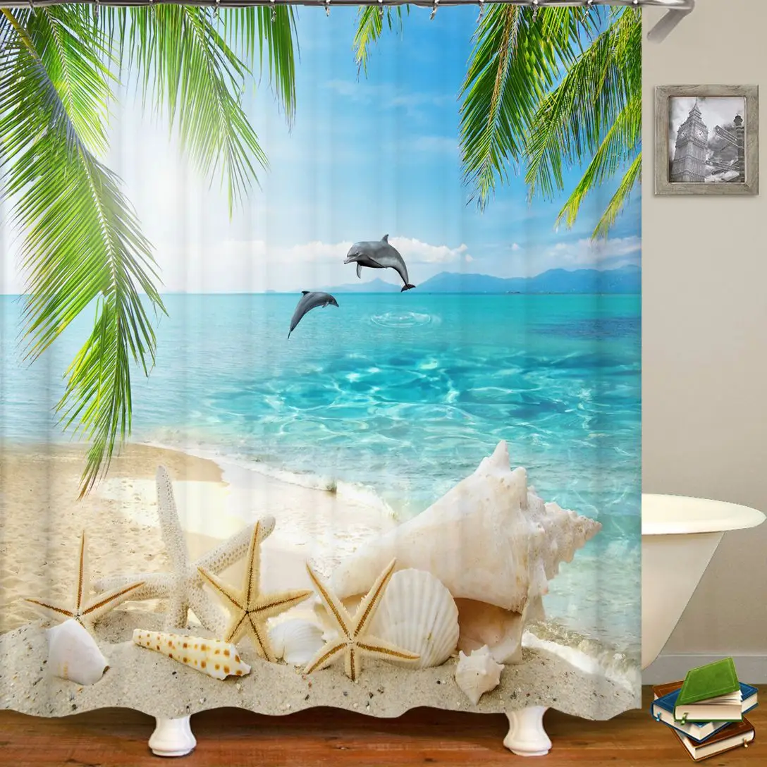 

Фотоштора для душа Sunny Beach, водонепроницаемый полиэстеровый занавес с 3D-принтом, с крючком, большие размеры 300x180