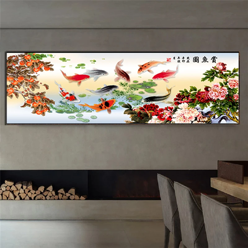 Фото Абстрактная Картина на холсте в китайском стиле с изображением рыбы девять кои