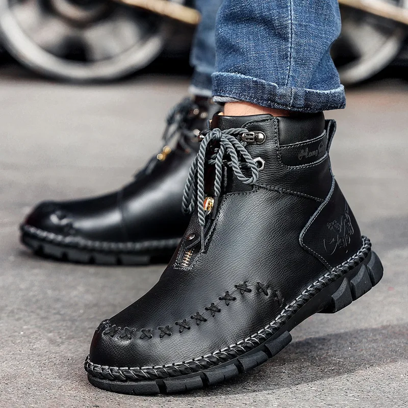 Men's Boots Autumn/Winter 2021 Outdoor High-Top Shoes Fashion Leather Boots Trend Casual Shoes Hand-Sewn Shoes Large Size