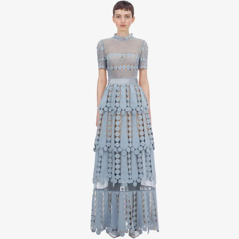 ZAWFL высокое качество 2021 летнее синее кружевное Макси-платье для женщин с коротким