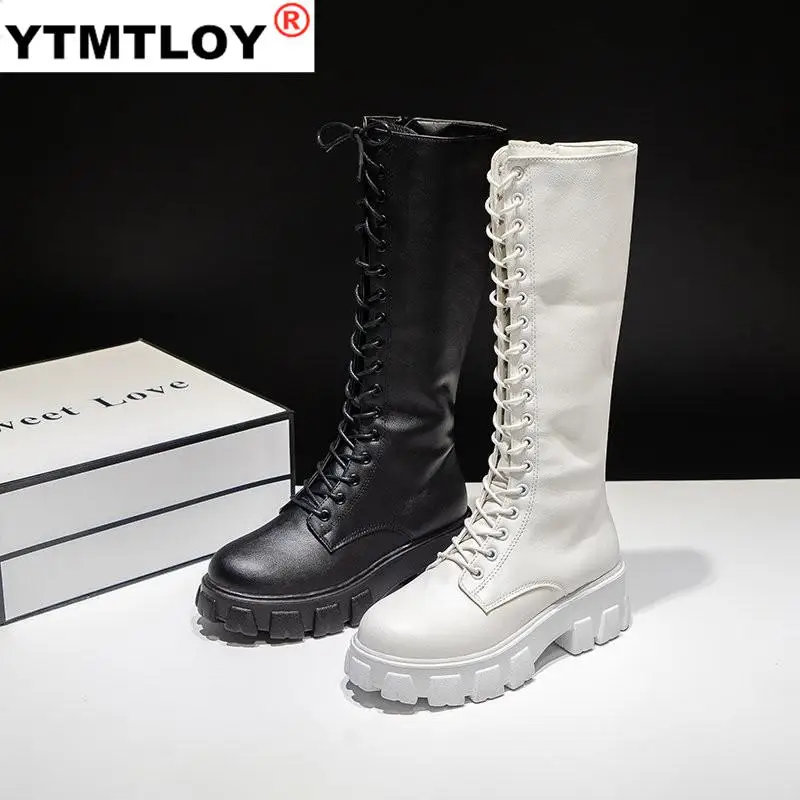 

Fashion Women Cross Strap PU Leather Boots Autumn Winter Knee High Boots Ladies Thick Sole Platform Botas Mujer Mid-calf White