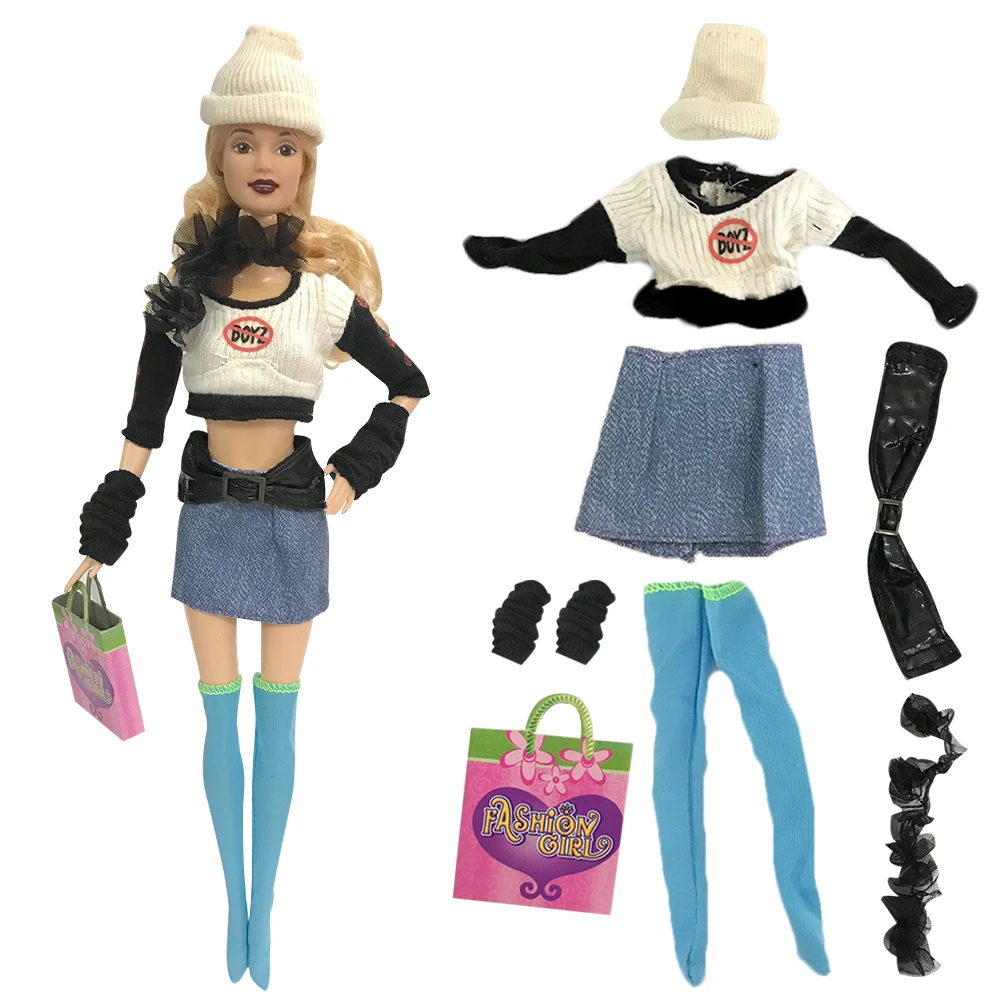

NK One Set Casual handmade winter clothingDress set + shoes + Cool Gloves +Long Socks+Hat+Scarf+Bag For Barbie Doll Toy
