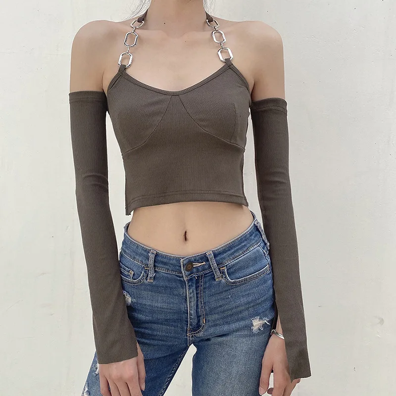 

2021 autumn women's solid color slim fit exposed navel chain hanging neck sexy backless vest sleeve y2k tops halter Gothic