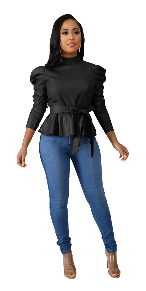 black top Adogirl/однотонный топ с баской из искусственной кожи; коллекция года; сезон осень-зима; водолазка с длинными рукавами-фонариками; Модная Повседневная рубашка с поясом; женская одежда - Цвет: black top