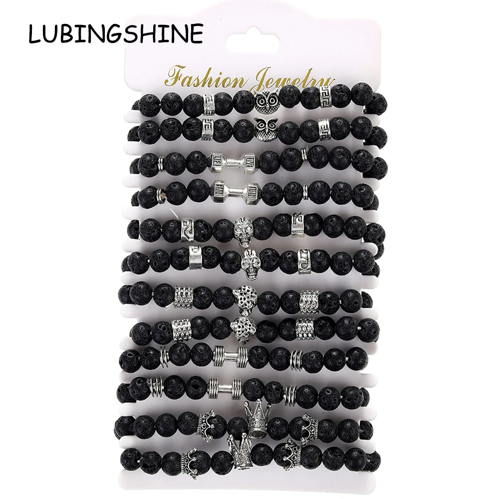 

12pcs/lot Black Natural Stone Beads Bracelet Set Woven Rope Chain Gothic Cat Head Skull Personality Funny Bracelet for Women Men