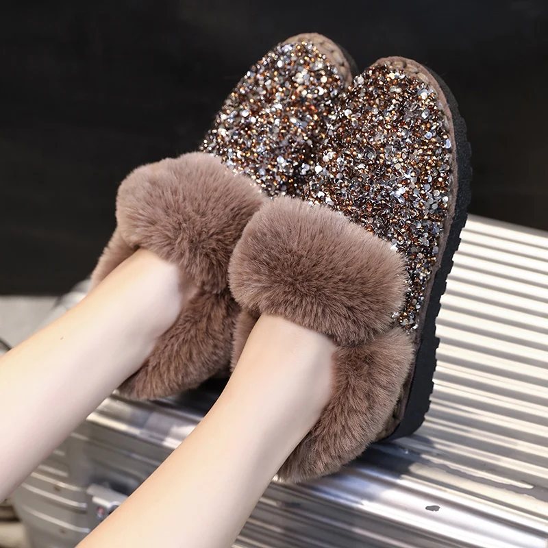 Женские ботильоны теплые с плюшевой подкладкой и круглым носком Нескользящие