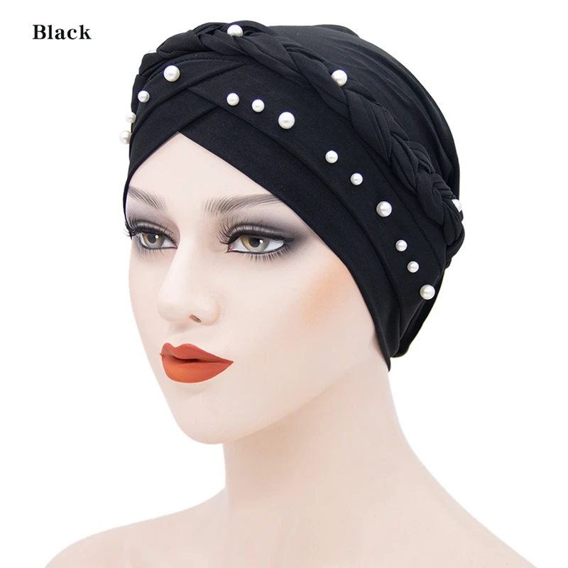 

Solid Turban Hat With Beads Decorate New Forehead Cross National Wind Braid Hat Muslim Hijab Chemo Cap For Women Girls