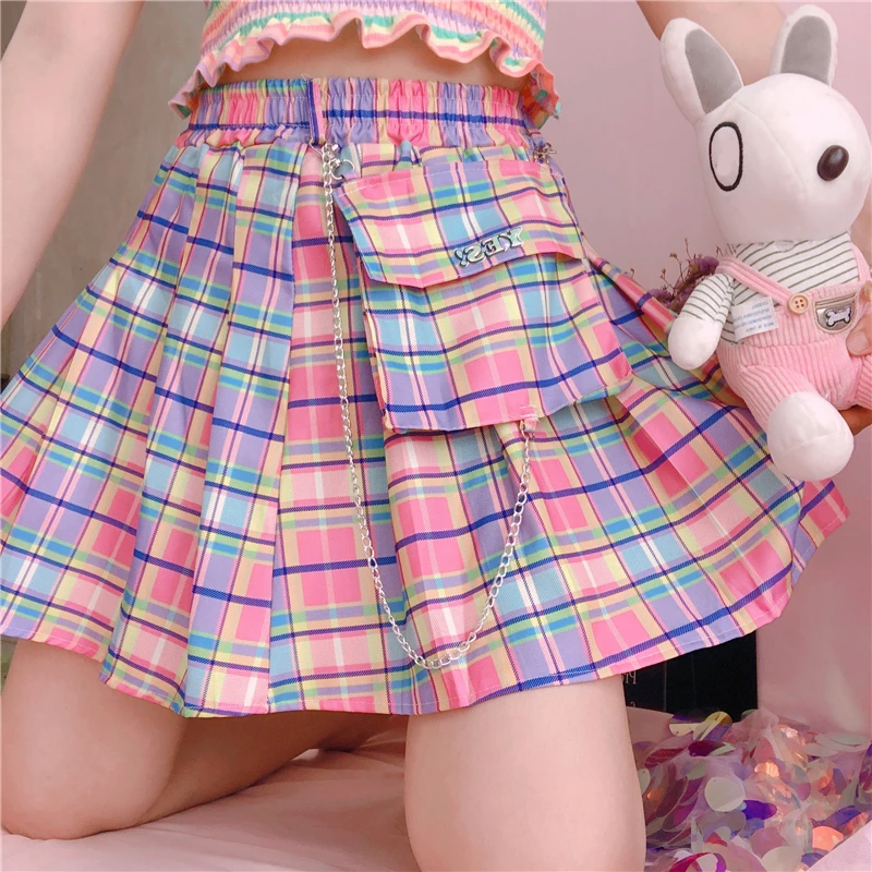 

Harajuku Plaid Skirts Women Kawaii High Waist A-line Pleated Mini Skirts Rainbow Korean Japanese School Uniform