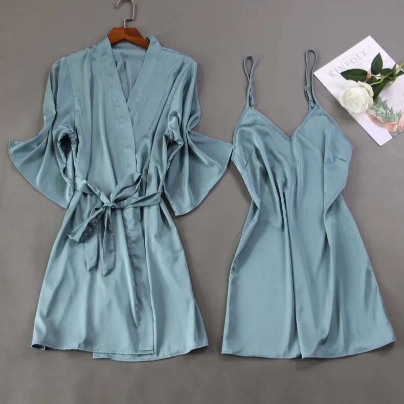 

Spring summer Women Silk Satin Robe & Gown Sets Sexy 2 Pcs Sleep Dress Sleeveless Robe+Nightdress pyjama With Chest Pads pijama