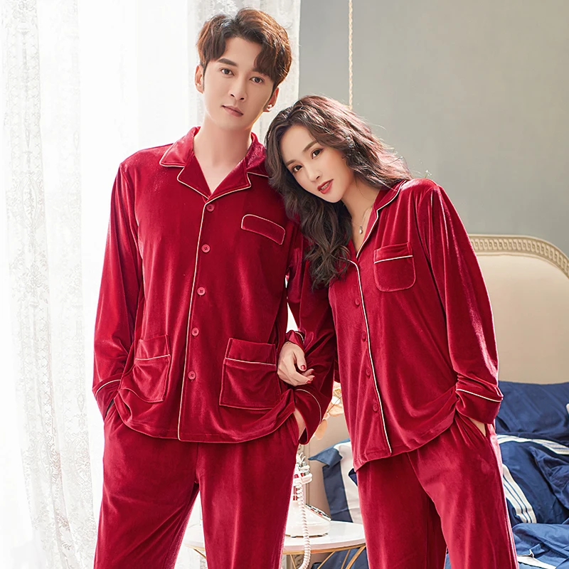

Winter Gold Velvet Lovers Pajamas Warm Women Pyjamas Red Festive Wedding Clothes Couple Set Sleepwear Top+ Pants pijamas mujer