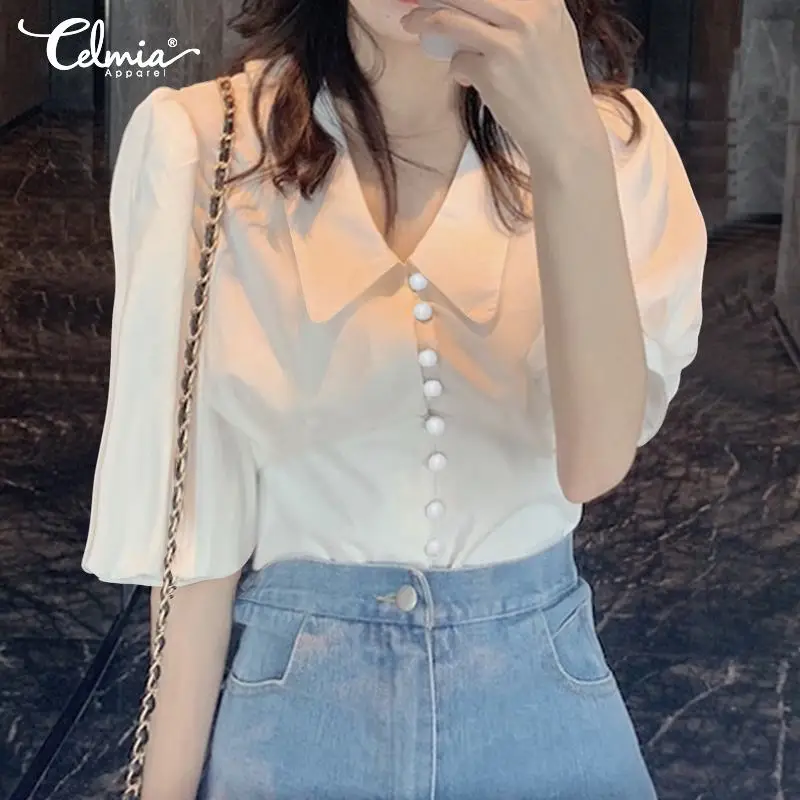 

Celmia Women Tops 2022 Summer Half Puff Sleeve Blouses Sexy V neck Buttons Tunics Casual Work Shirts Party Solid Short Blusas