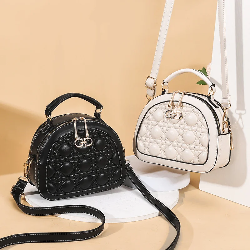 

2021 summer new fashion Pu women's bag double zipper bag portable single shoulder bag cross mobile phone bag semicircle