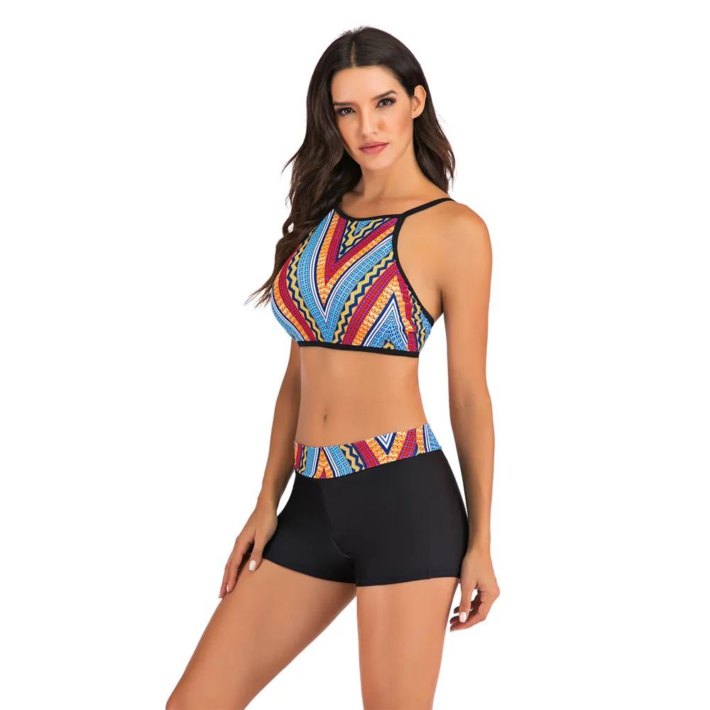 Женский купальник с лямкой на шее топ высокой горловиной комплект бикини Boyshort