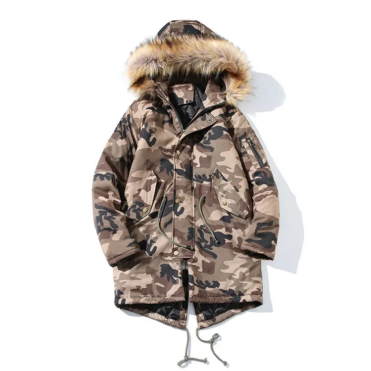Camouflage Модный меховой воротник зимняя куртка Мужские Камуфлированные штаны, милитари бархатная Толстая парка Для мужчин длинный плащ пальто Верхняя одежда с защитой от ветра, теплая куртка - Цвет: Camouflage