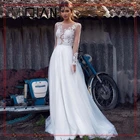 Элегантное свадебное платье с длинным рукавом, кружевное платье в стиле бохо с глубоким круглым вырезом и аппликацией, ТРАПЕЦИЕВИДНОЕ свадебное платье с открытой спиной, белое, слоновое, богемное платье