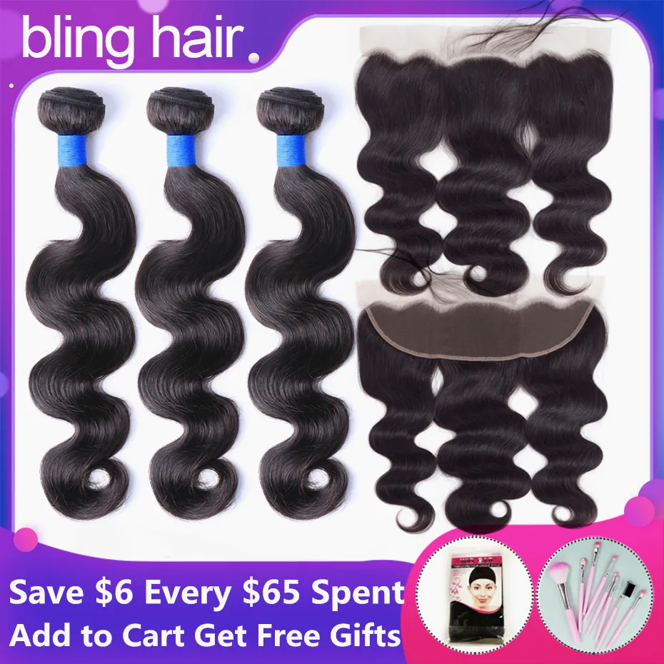 Bling Hair Remy Body Wave человеческие волосы пучки с бразильские волосы с закрытием переплетения пучки с 13*4 синтетический фронтальный натуральный цвет