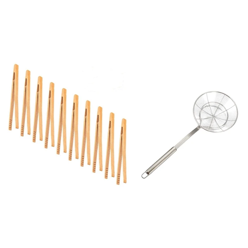 

10Pcs Bamboo Toast Tongs, Bamboo Tongs 7 Inches With Mesh Strainer Fine Mesh Food Strainer Kitchen Colander