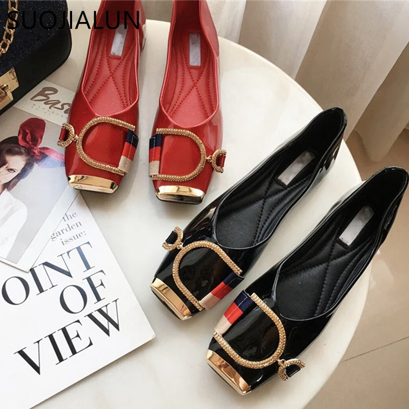 SUOJIALUN Rhinestone Buckle Flat Shoes Women Square Toe Ballerina Slip On Ladies Shoes Fashion Design Luxury Loafers Flat Shoes