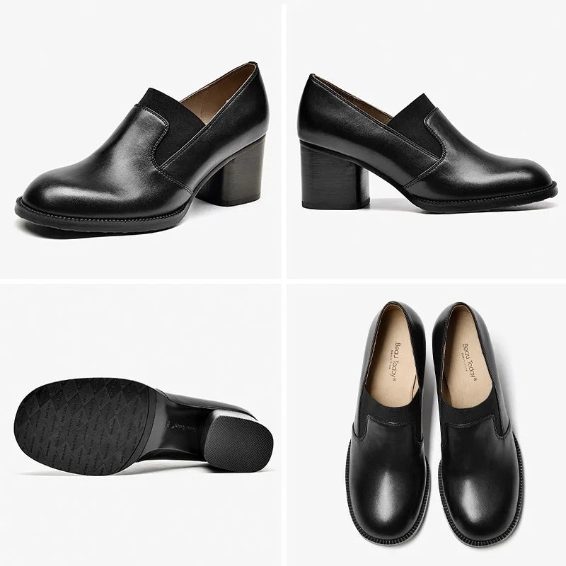 

BeauToday Pumps Women Cow Leather High Heel Shoes Round Toe Elastic Band Slip On Office Lady Work Shoes Handmade 16311