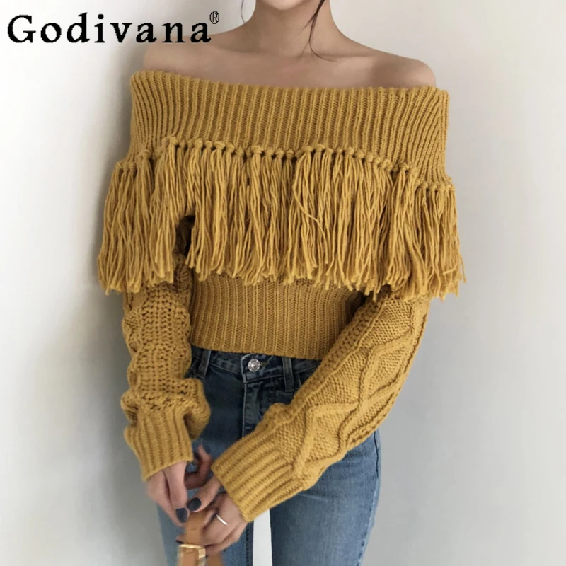 

Женский трикотажный свитер с кисточками, корейский винтажный пуловер с большими лацканами и открытыми плечами, Осень-зима 2021