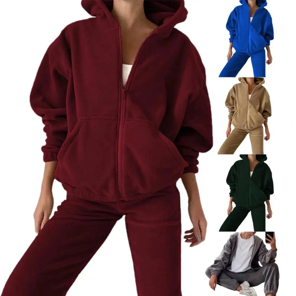 

1 Set Casual Women Fleece Hoodie Pants Set Solid Color Hooded Autumn Winter Loose Sweatshirt High Waist Sweatpants Women's Suit