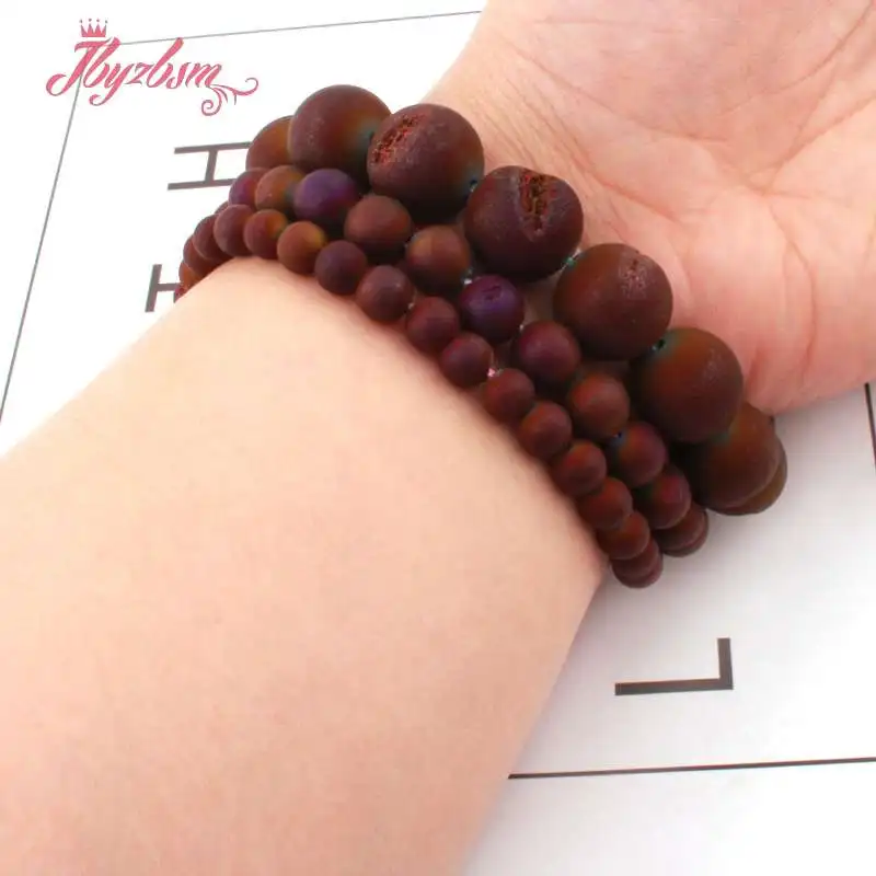 

8,10,12,14mm Round Metallic Coated Druzy Purple Agates Stone Beads For DIY Necklace Bracelets Jewelry Making 15"
