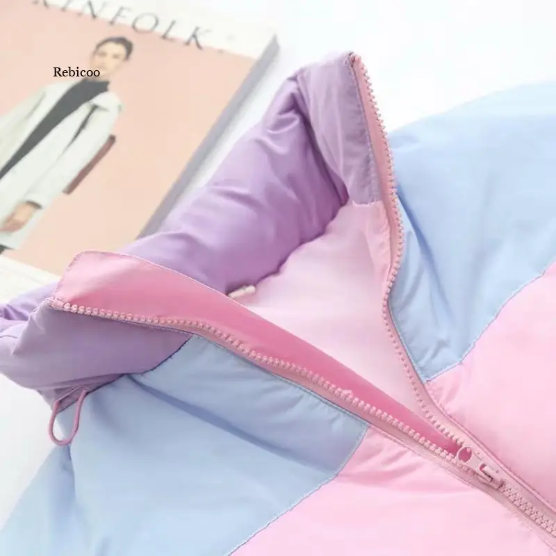 Winter Thicken Rainbow Contrast Women's Down Jacket Loose Padded Student Winter Coat Women Warm College Parka Female