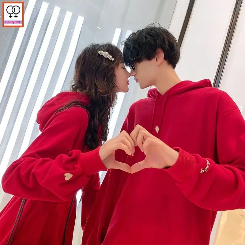 

Matching Couple Hot Sale Male Female Lovers Clothes Holiday Christmas Valentine's Date Casual Loose Hoodies Sweatshirt Dress Red