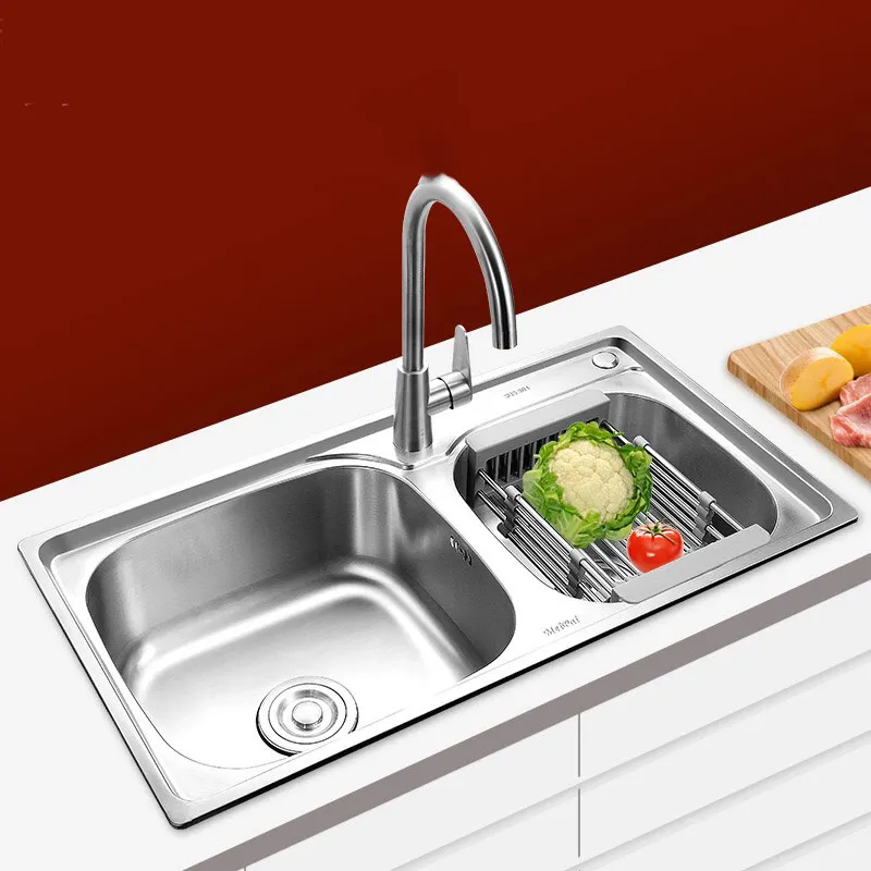 

AE02JSZ-0006 kitchen stainless steel silver sink set thickened handmade double sink with drain basket under counter basin sink