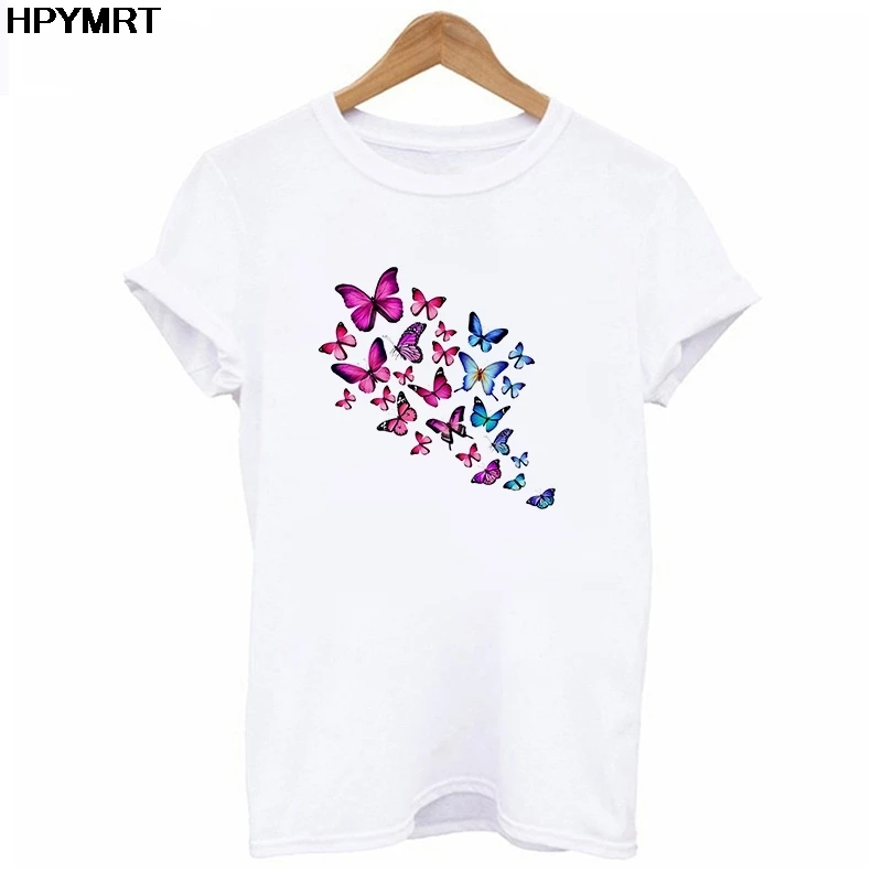 

Watercolor Butterfly Print T-shirt Women Summer Short Sleeve Tee Top Casual Soft White Fashion Tshirt Streetwear Female Clothes