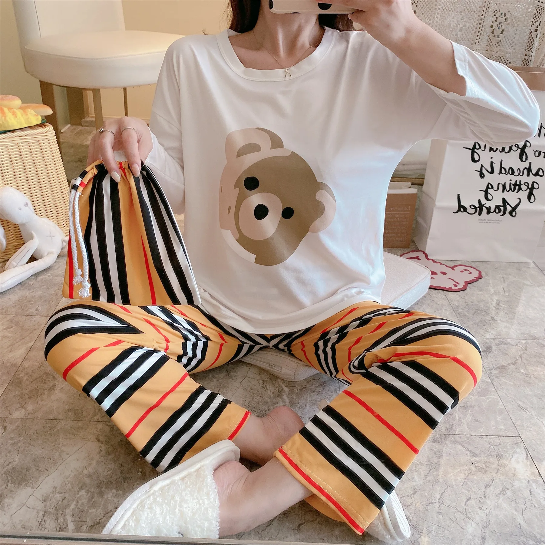 Повседневная Домашняя одежда футболка с длинными брюками Женская для сна пижама