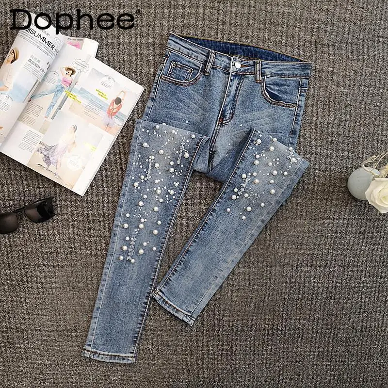 

Beaded Jeans for Women Spring and Autumn 2021 New All-Match Ripped Stretch Slimming Tight Skinny Cropped Denim Pants