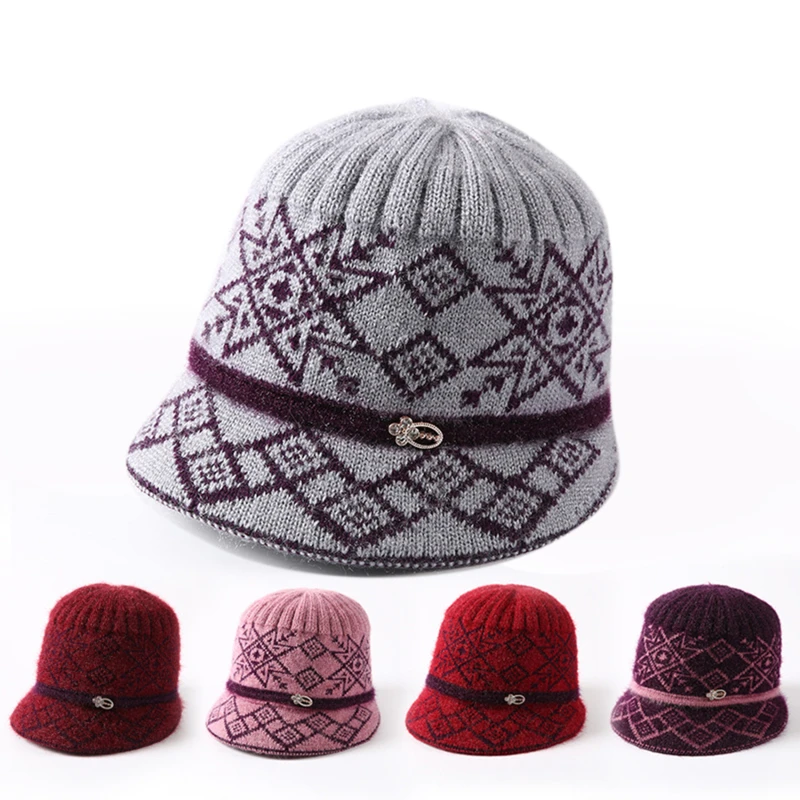 

2021 Wool Hats Autumn Winter middle-aged Elderly Prints Hat Knitted Grandma Wool Thickened Warm Mother Caps High Quality