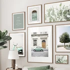 Ретро автомобиль Vespa классический мотоцикл зеленые листья настенная Картина на холсте скандинавский постер и печать картины для комнаты домашний декор