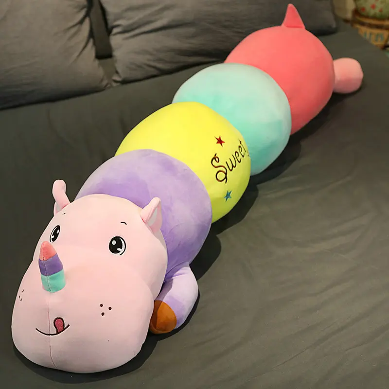 

New Rhinoceros Plush Toys Long Pillow Stuffed Animal Cushion Caterpillar Dolls For Baby Kids Girls Room Decoration