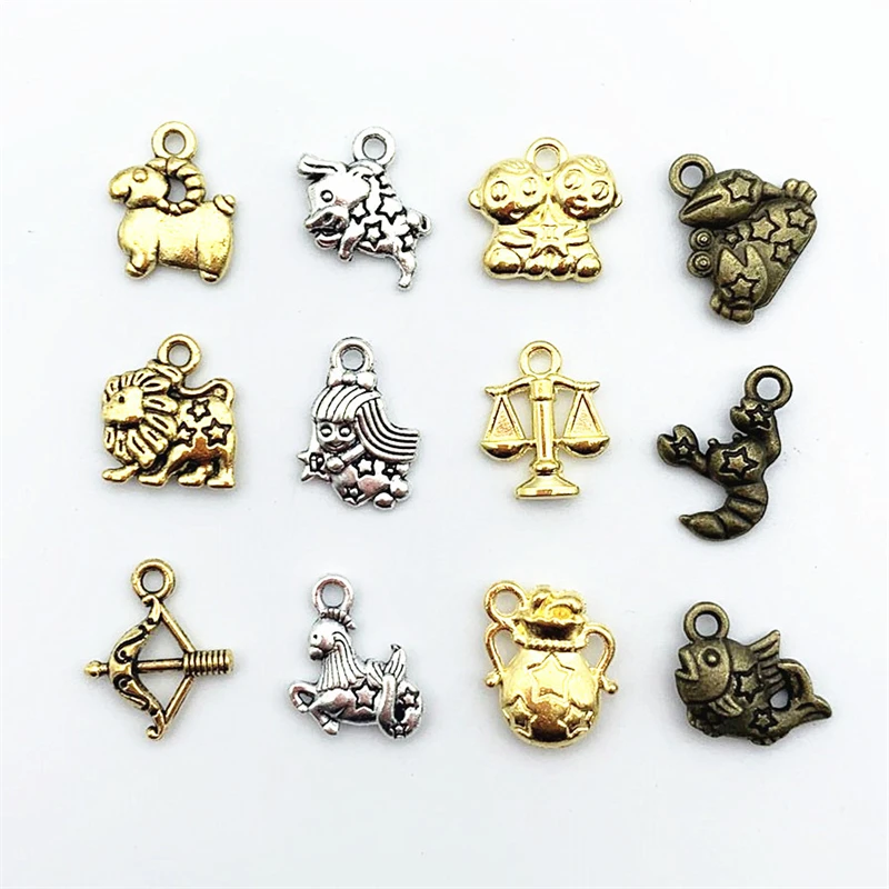 

12pcs/Lot Mixed Styles Antique Silver 4 Color Zinc Alloy Random 12 Constellations Pendant DIY Handmade Craft For Jewelry Making
