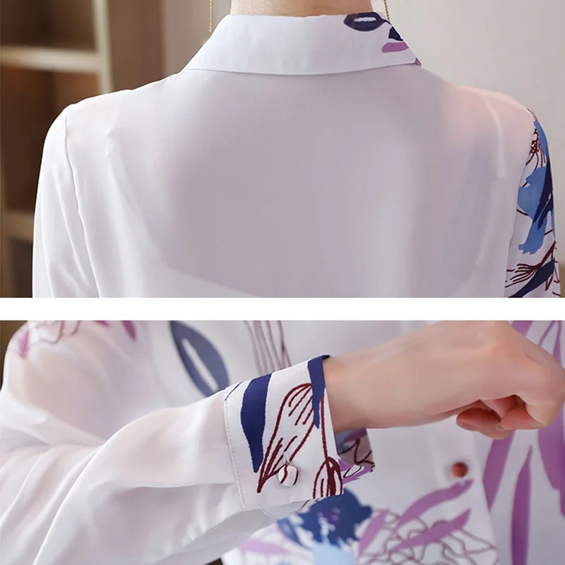 

White Chiffon Shirt For Women's 2020 Autumn Fashion Clothing Tops Printing Long-Sleeved Blusas Female Casual Button Blouse 0818