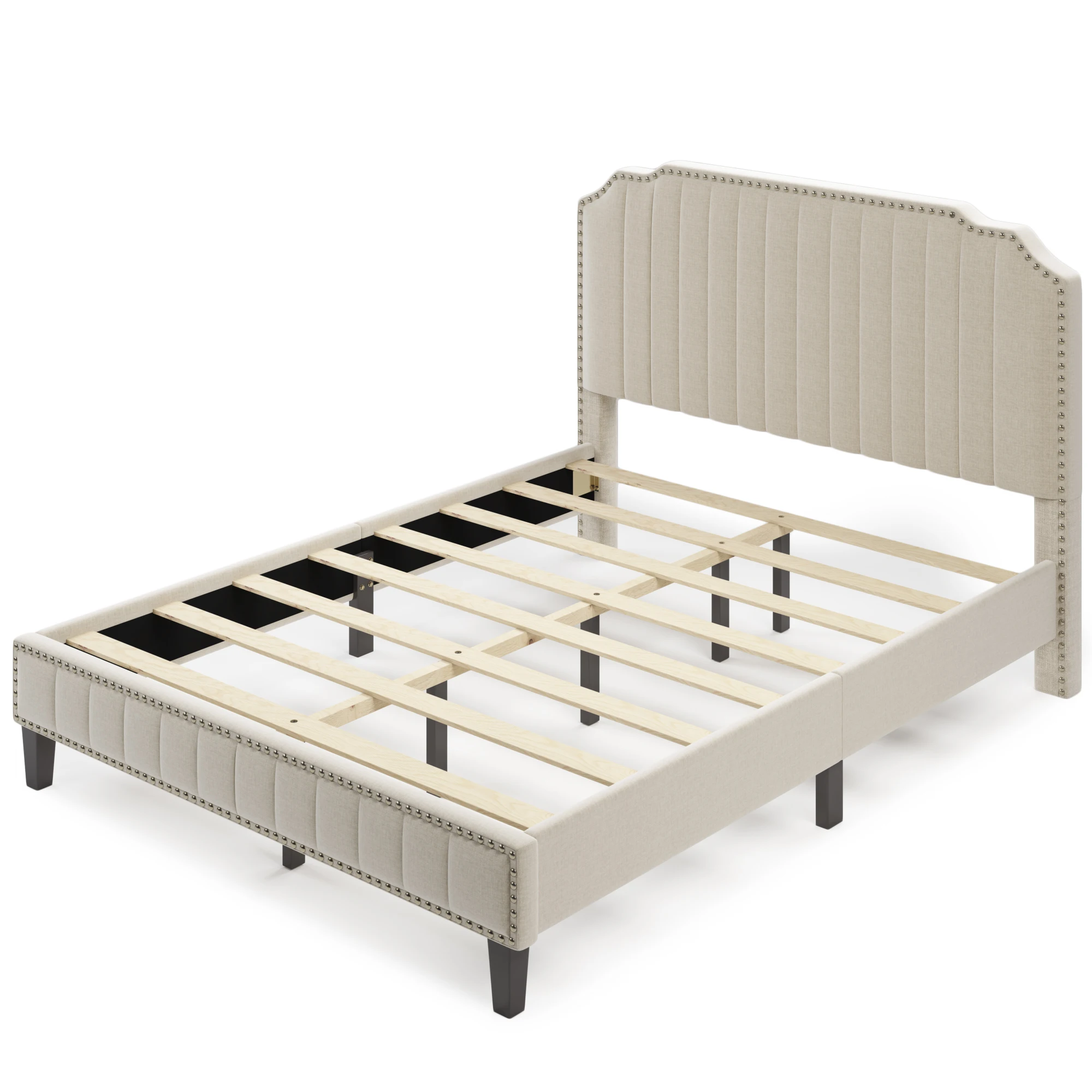 

TWIN/FULL /KING/QUEEN Size Modern Linen Curved Upholstered Platform Bed Solid Wood Frame Nailhead Trim