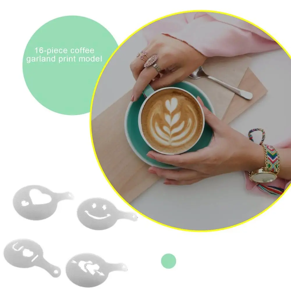 

16pcs Creative Coffee Drawing Cappuccino Mold Fancy Coffee Printing Model Foam Spray Cake Stencils Powdered Sugar Sieve Tools