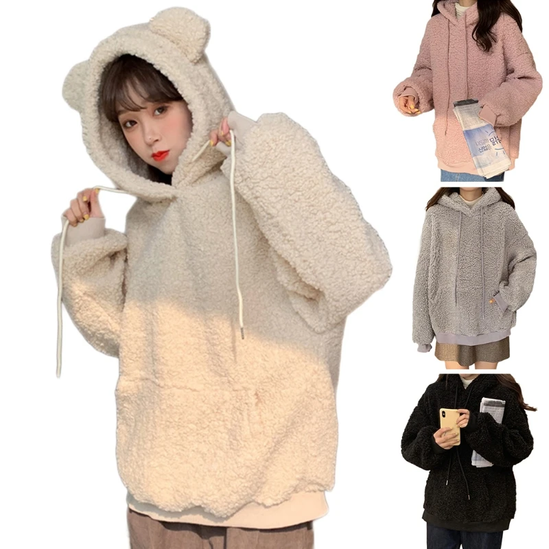

Women Winter Faux Fleece Cute Bear Ears Hoodies Korean Style Long Sleeve Sweatshirt Harajuku Solid Color Oversized Loose M7DD