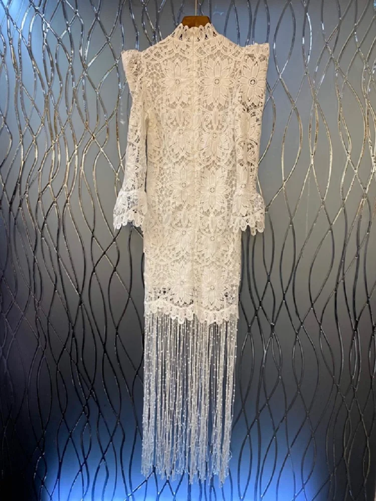 

Tassel Party Long White Dress 2020 Spring Fashion Wedding Party Women Allover Hollow Out Lace Embroidery Bodycon Dress Clubwear