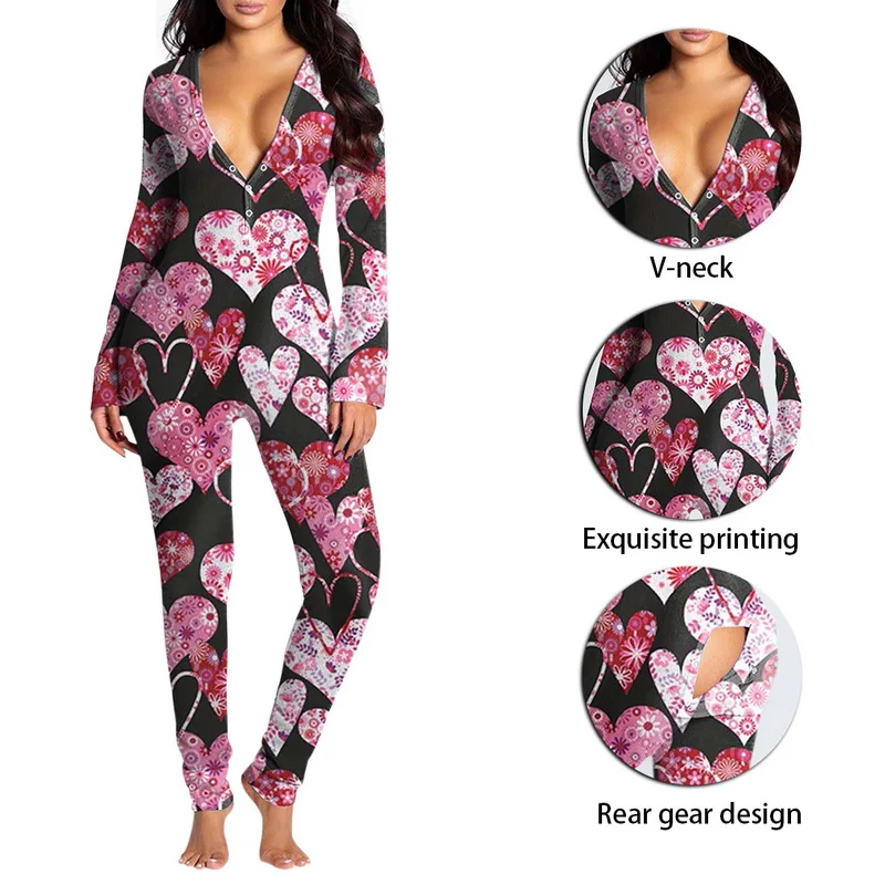 

Women Sexy Jumpsuit Onesies Button-down Functional Buttoned Flap Sleepwear Fashion Printed Long Sleeve Top Loose Long Pants