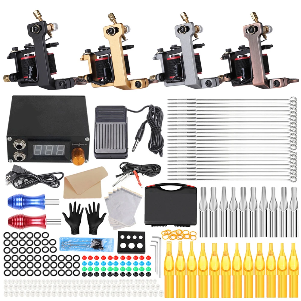 

Professional Tattoo Kit 4 Machines Guns Set Design Pigment Inks Set LCD Power Needles Set Body Art Permanent Makeup Complete Kit