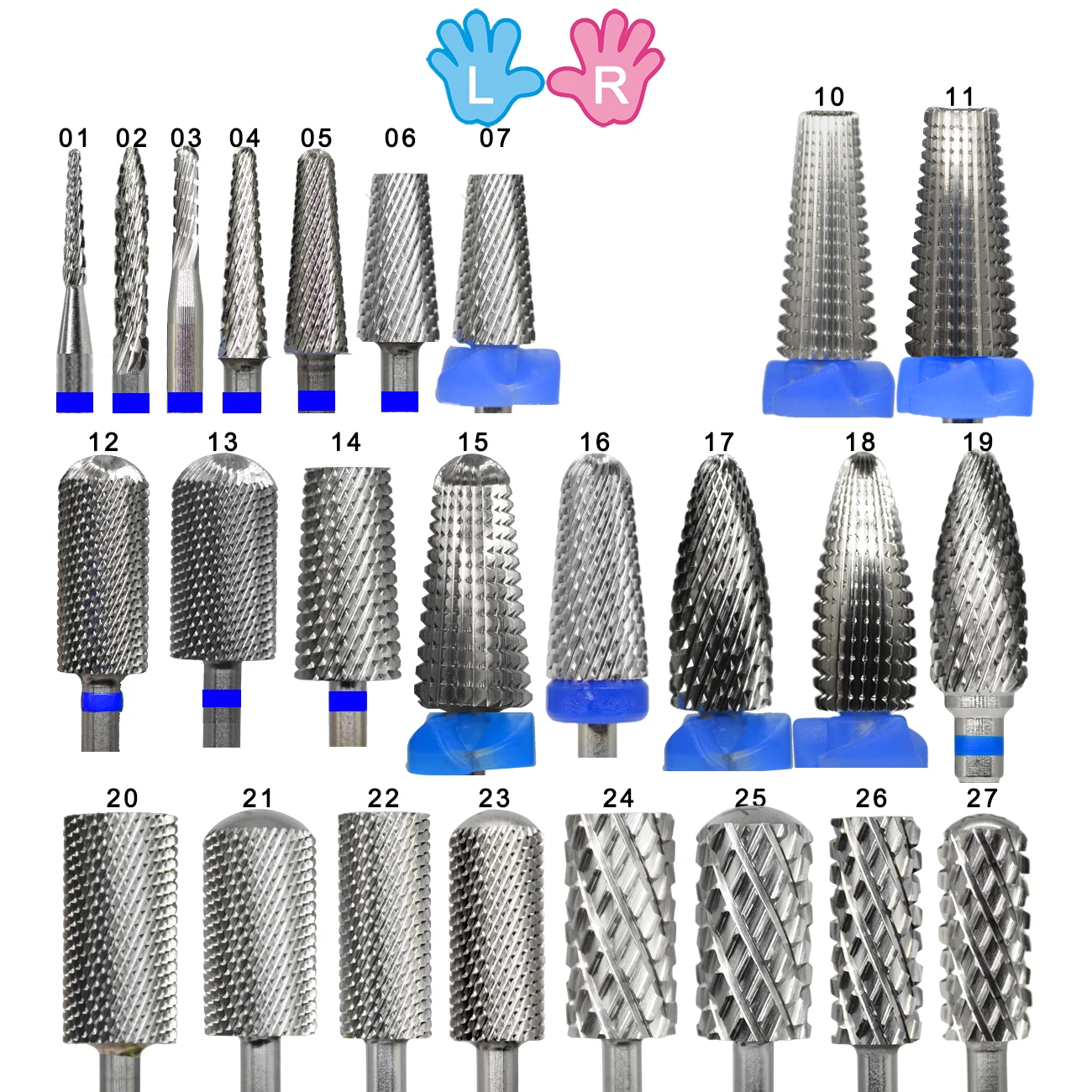 NAILTOOLS Both 2 hand Left+Right 27 different type Carbide stable shank nail drill machine Accessories Cutter nail drill bits