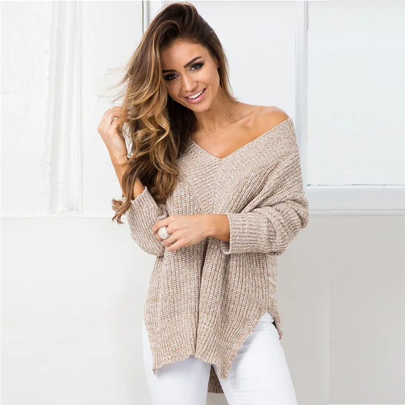 

Женский трикотажный свитер, пуловер, пальто с v-образным вырезом, открытыми плечами, коротким спереди и длинным сзади разрезом, модная одежд...