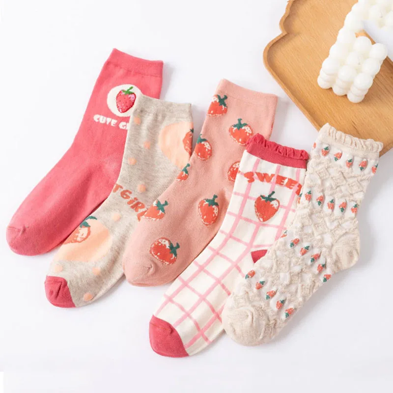 

cartoon strawberry frilly socks women kawaii calcetines mujer harajuku cute korean style japan woman cotton sock pink calcetas