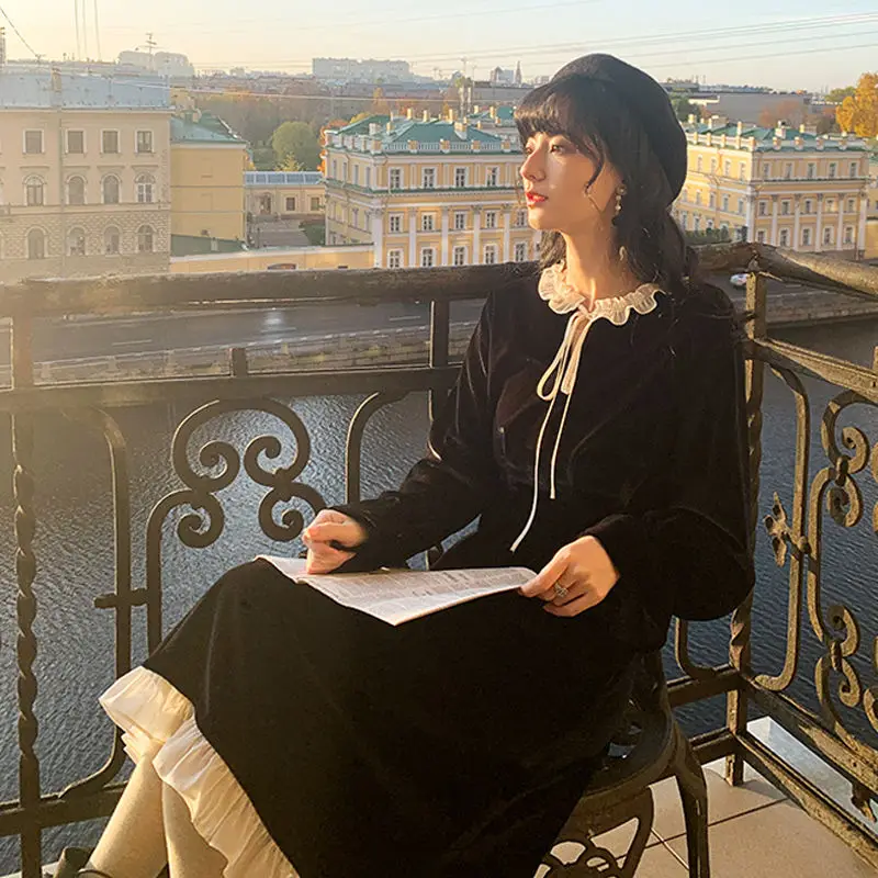 

Платье женское с длинным рукавом, винтажное эластичное Платье До Колена, с воротником «Питер Пэн», в стиле ампир, с кулиской, в Корейском сти...