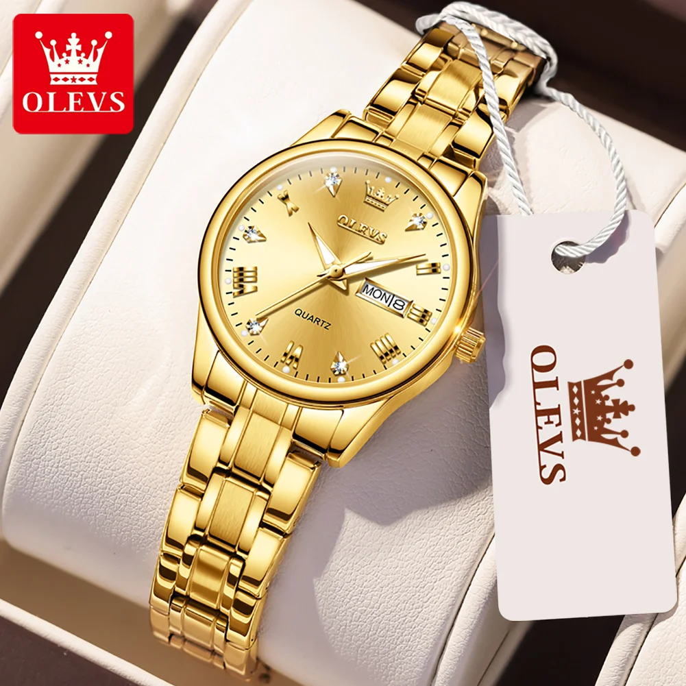 

OLEVS Women's Watches Luxury Brands Fashion Rhinestone Stainless Steel Dual Calendar Quartz Ladies Wristwatches 5563 Reloj Mujer