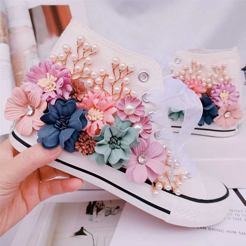 

2021 fantasy colorful flowers pearl Austrian rhinestone ribbon lace-up platform high-top shoes canvas shoes